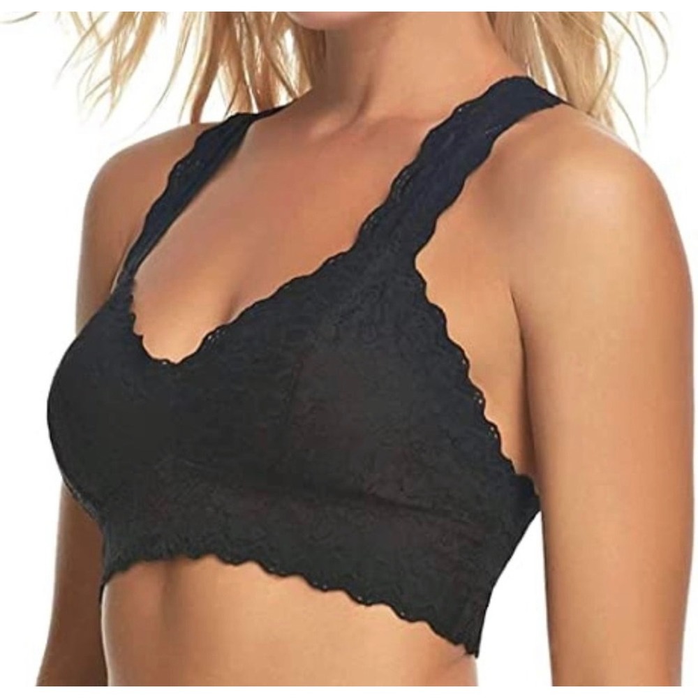 Jezebel Women Black Floral Lace Racerback Bralette V-Neck Scalloped Trim 28044 L